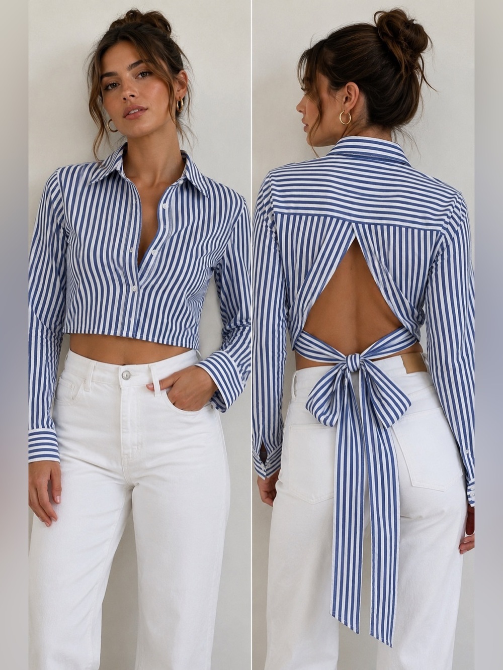 Express Blue & White Striped Tie Back Crop Button Down Shirt XXS